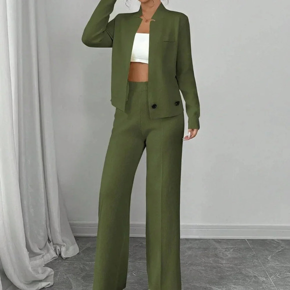 Green Elegant Women's Loose Long Sleeve Crew Neck  Knit Sweater & Suit Pants Set - Picture 7 of 8